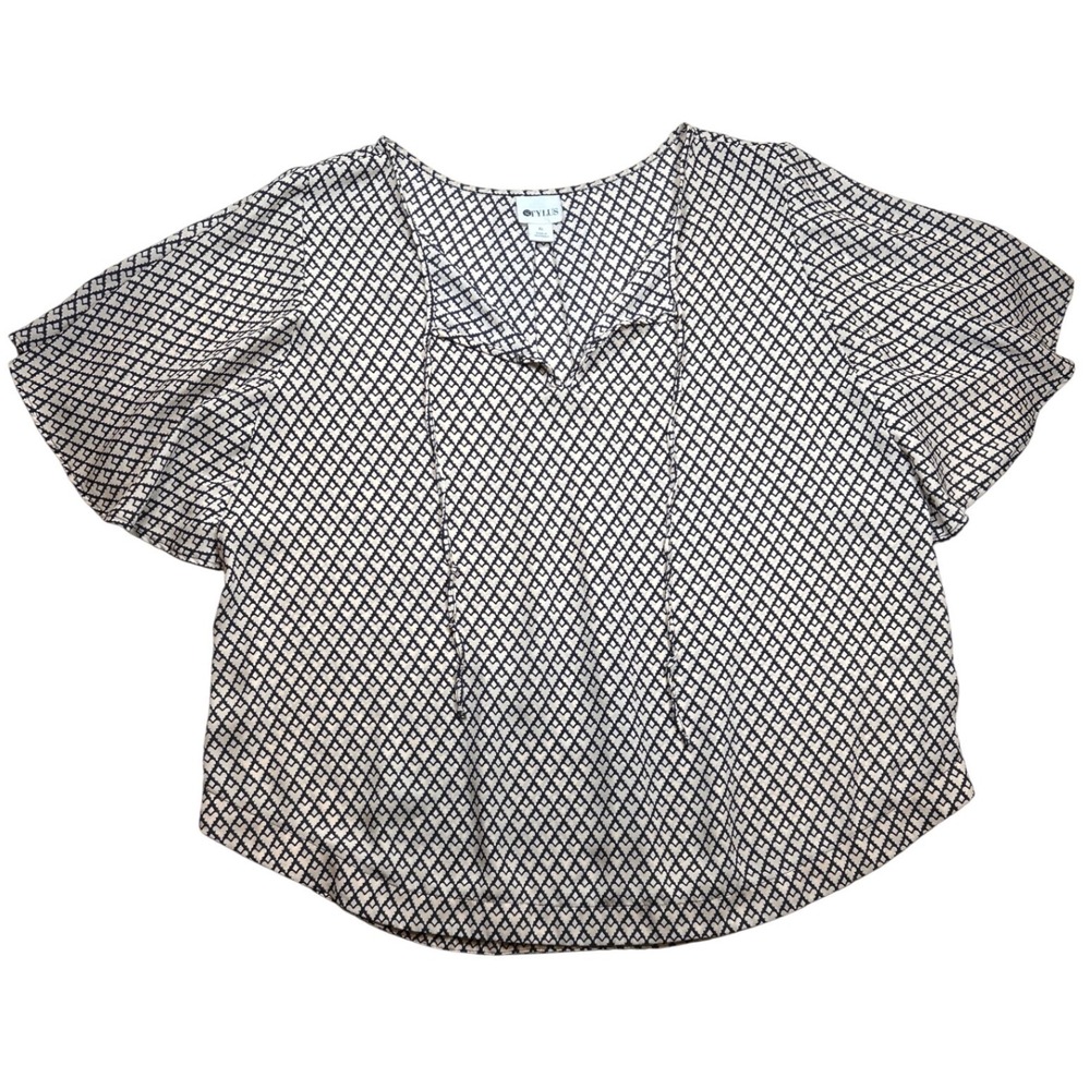 Women's Professional Blouse XL Stylus Black Cream‎ V-Neck Tie Flutter Sleeve